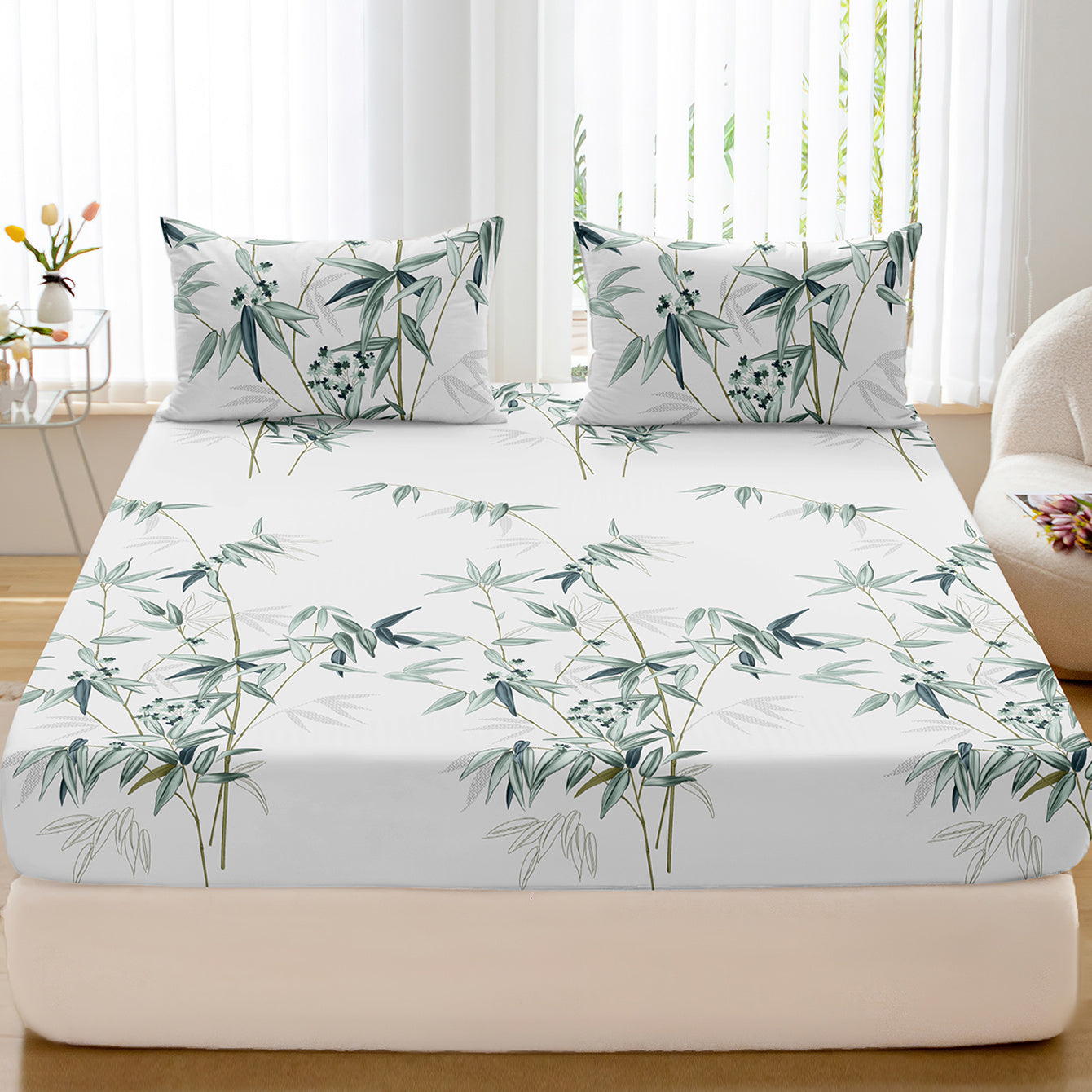 Set of 3 Plant Printed Fitted Sheets - Luxuriously Soft and Breathable Bedding for Bedroom and Guest Room, including 1 Fitted Sheet and 2 Pillowcases.