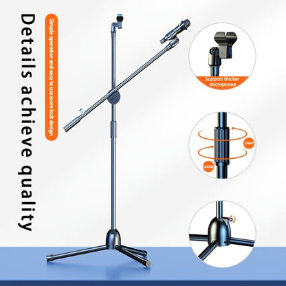 RodeoSonido Premium Microphone Stand with detachable tripod boom stand, clip holder, and metal base, ideal for singing, speeches, performances, weddings, and outdoor events.