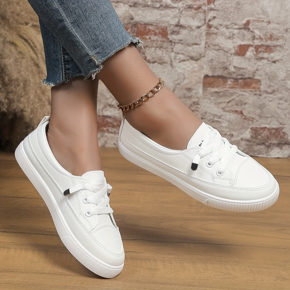 Women's casual flat white sneakers - versatile and easy to wear.