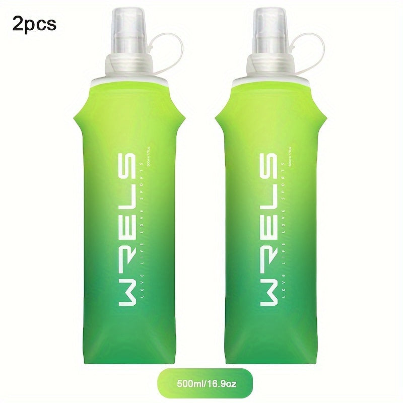 WRELS 2pcs collapsible silicone water bottles in sizes 8.5oz & 17oz, BPA-free for running, hiking, and cycling.