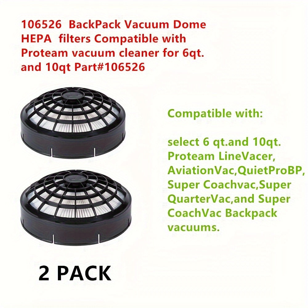 Two pieces of HEPA Dome Filters designed for ProTeam Backpack Vacuums, suitable for use with 6qt and 10qt models - Part number 106526.