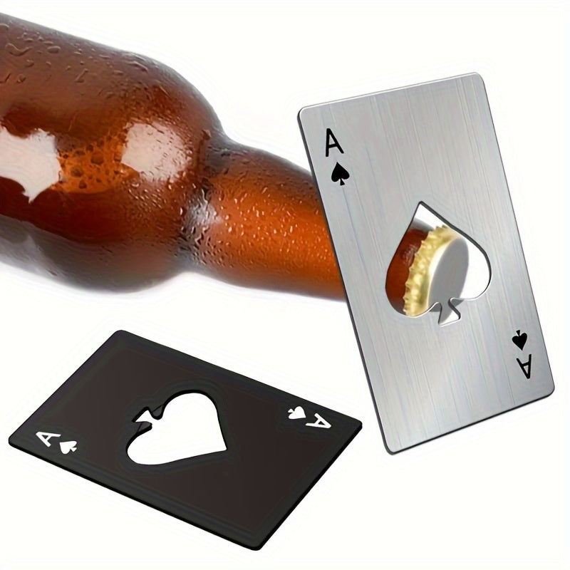 Stainless steel, credit card-sized bottle opener designed like a poker chip, perfect for bars and restaurants, makes a great gift.