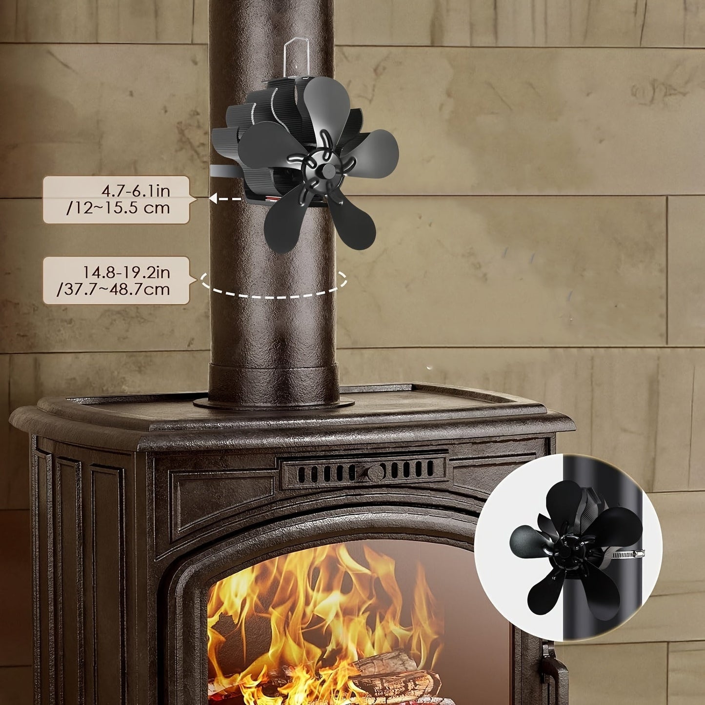 Aluminum Heat Powered Stove Fan suitable for Wood, Gas, and Pellet Log Burners, offering Silent Operation. Features a Polished Finish, High Velocity Air Circulation, and does not require electricity. Ideal fireplace accessory with multiple components.