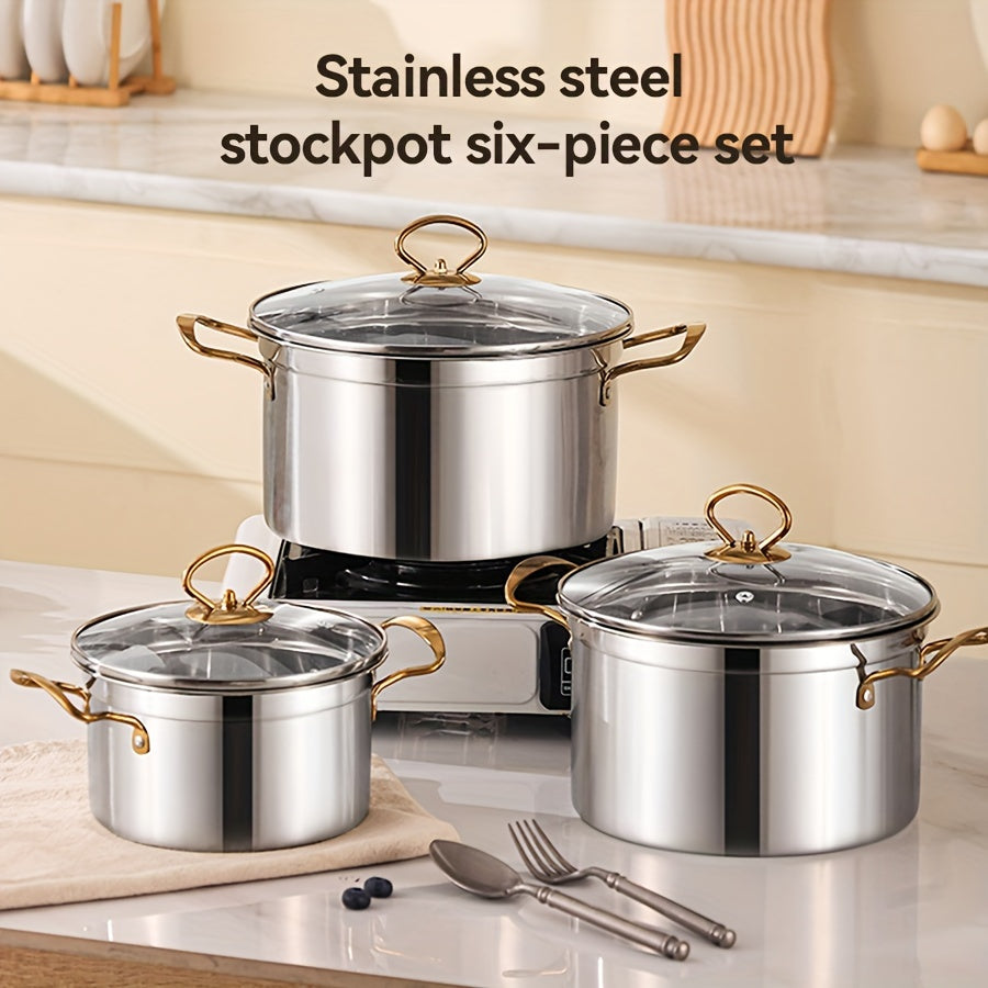 Stainless Steel Stockpot Set with Lids - Includes 3 Pots, 3 Lids, Dual Handles - Ideal for Various Cooking Needs - Compatible with All Stovetops - Great for Soups, Stews, Noodles, Pasta, Seafood - Large Capacity Kitchen Cookware Set