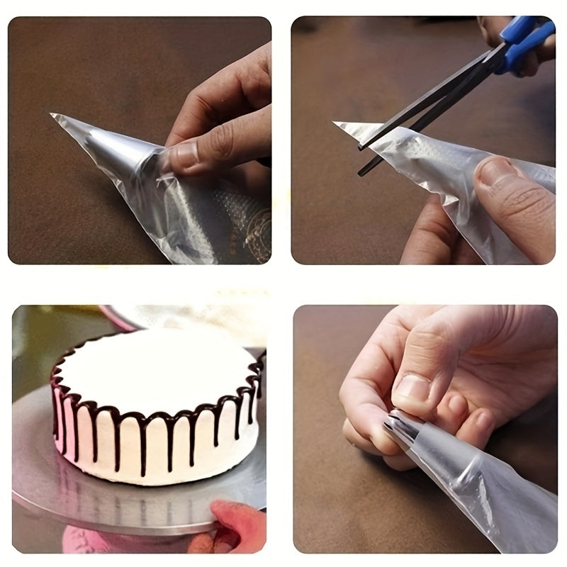 100 premium disposable piping bags for cake decorating made of durable plastic, perfect for use in kitchens and restaurants.