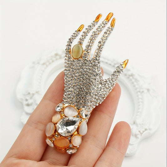 Vintage luxury crystal corsage for women, gothic punk style brooch pin featuring elegant hand-shaped design adorned with sparkling rhinestones.