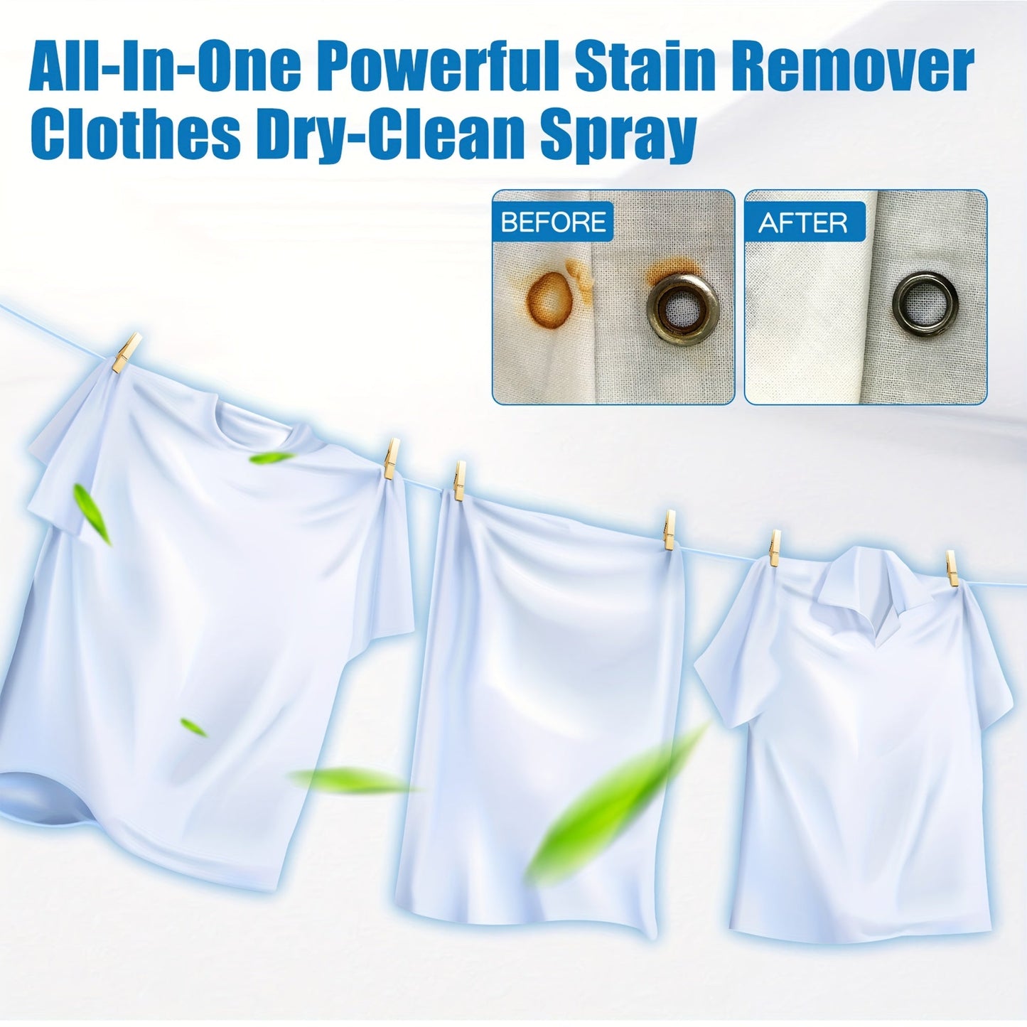 Get the Jakehoe All-in-One Powerful Stain Remover Clothes Dry-Clean Spray! This easy no-rinse solution removes grease and dirt from your clothes, leaving them fresh and stain-free. Perfect for home use, this spray requires no electricity or batteries.