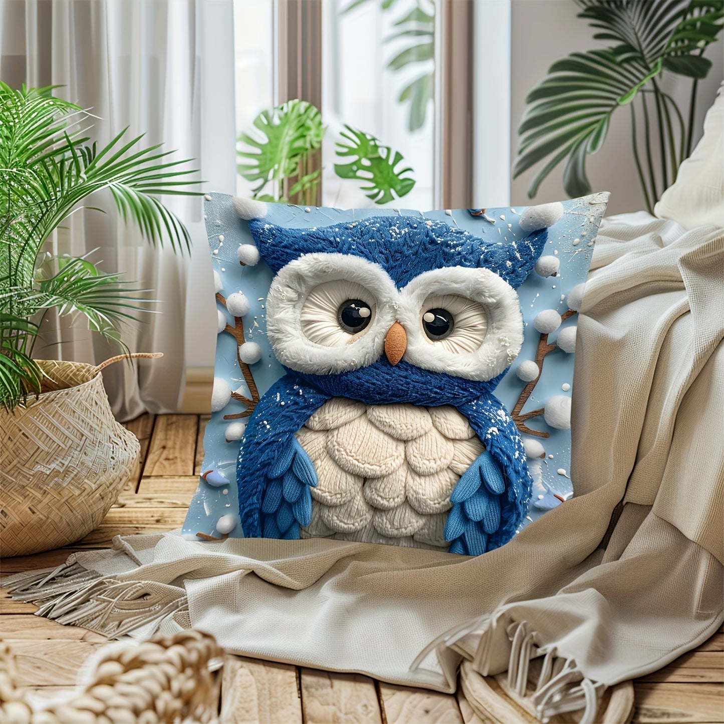 Soft felt Owl pattern pillow case, 44.96cm x 44.96cm, single-sided print without pillow core for multiple decor uses.