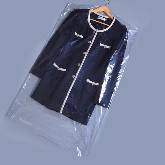 Transparent plastic garment bags, 20/50 pieces in a pack, designed for storing clothes like suits, shirts, dresses, and coats. These dustproof storage covers are perfect for keeping your wardrobe organized in the bedroom or dormitory. Easy to carry and