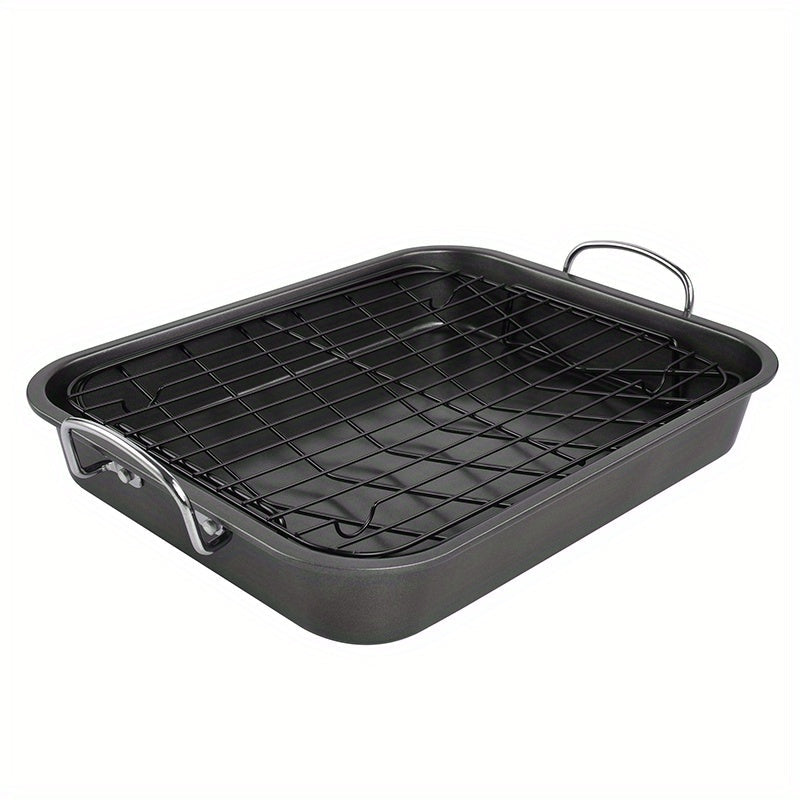 Non-stick baking pan with rack, 40cm rectangular grill perfect for turkey, roasted chicken, and ham. Includes 1 baking pan and 2 grills.