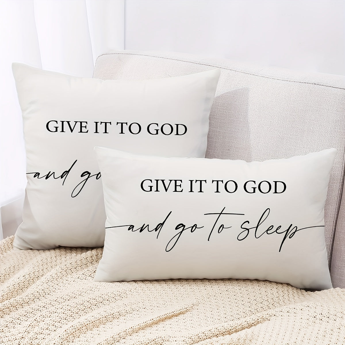 Lodge style pillowcase with "Give It to God and Go to Sleep" quote, soft knit polyester, hand wash only, zipper closure, for multiple room types, sizes available: 29.97cm*50.04cm & 44.96cm*44.96cm, no insert included.