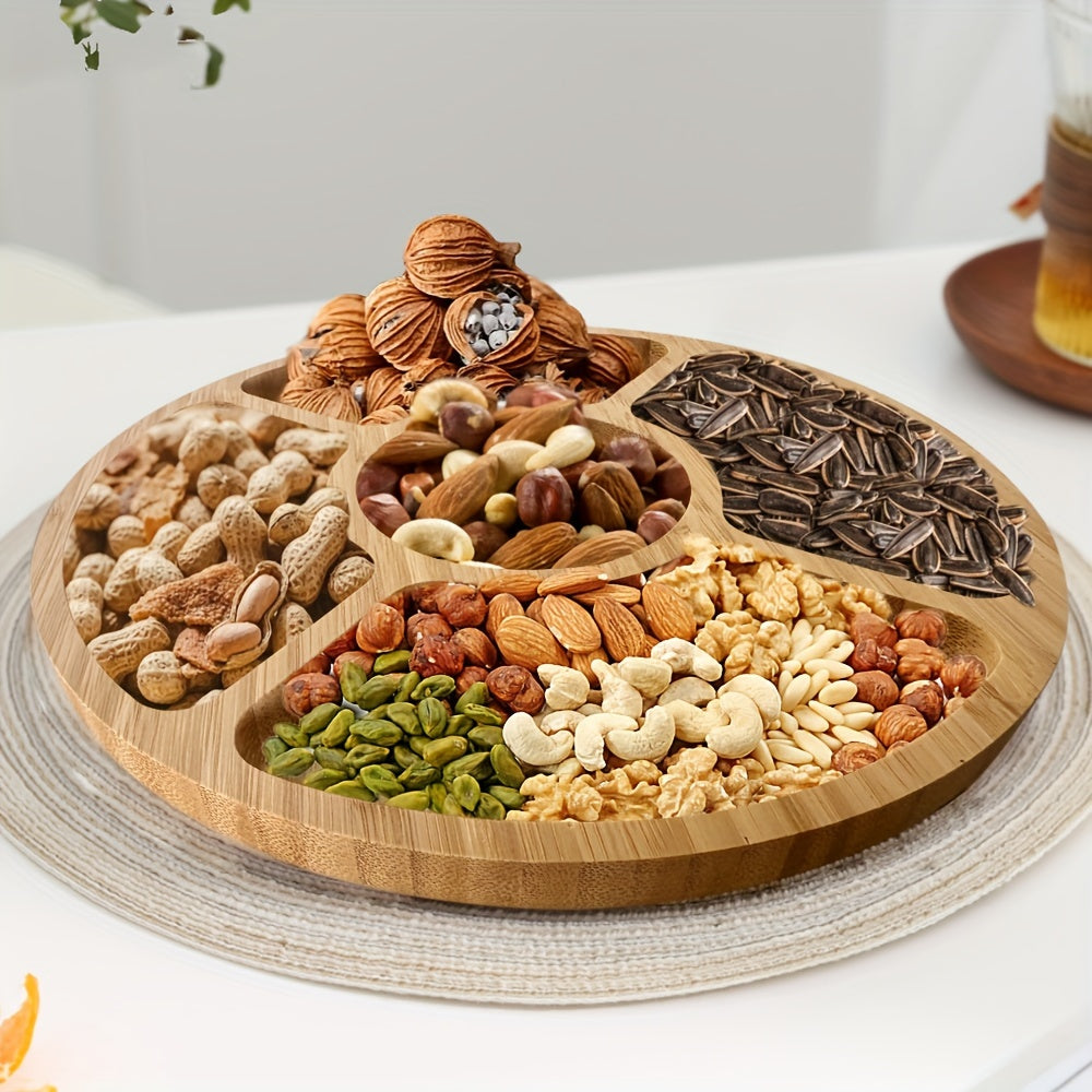 Stylish round bamboo tray for serving snacks and fruits in the kitchen or dining room.