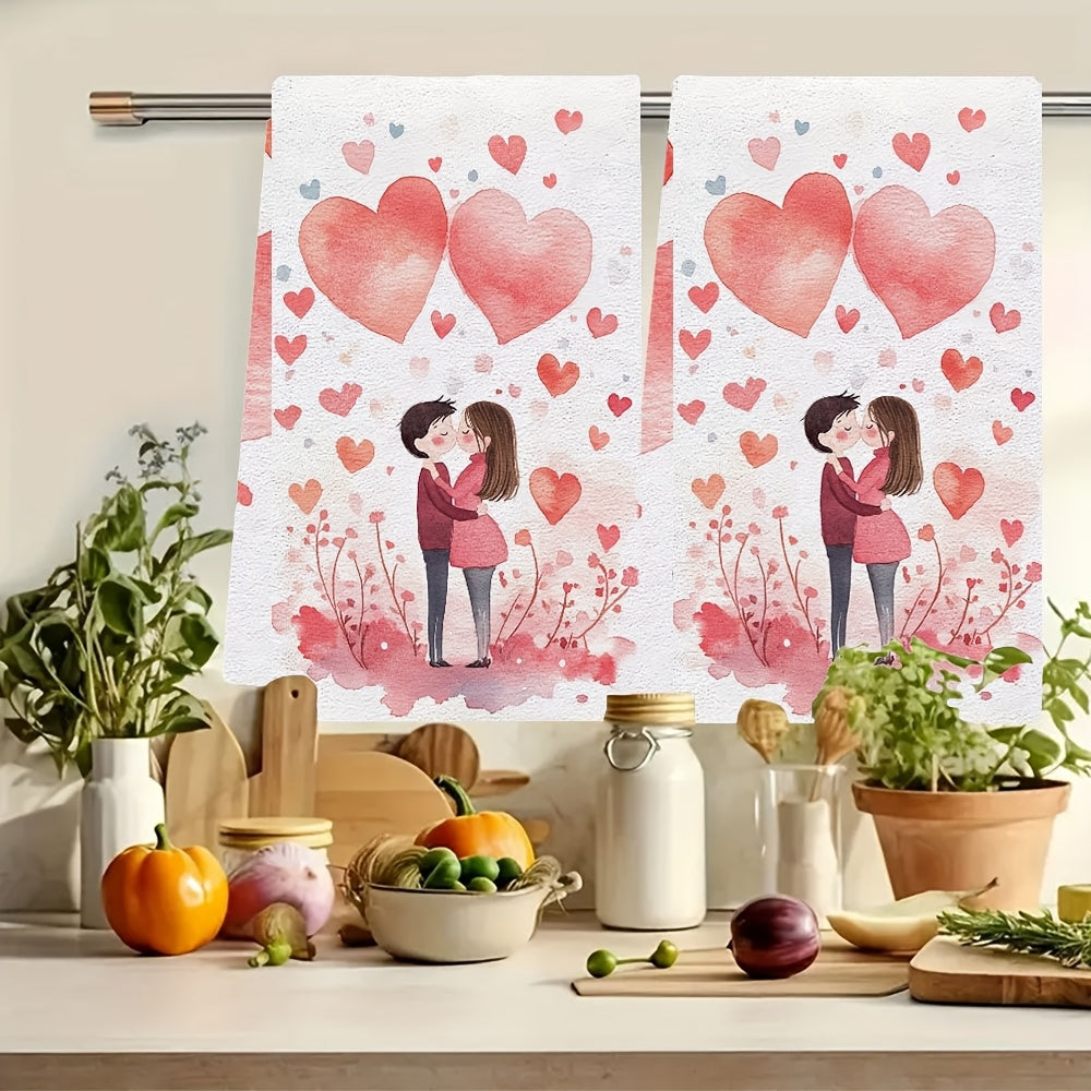 Set of 2 Ultra Soft Valentine's Day Kitchen Towels featuring Romantic Embrace Design, with High Absorbency and Machine Washable Material. Measures 40.64x60.96 cm, Ideal for Holiday Decoration and Kitchen Use