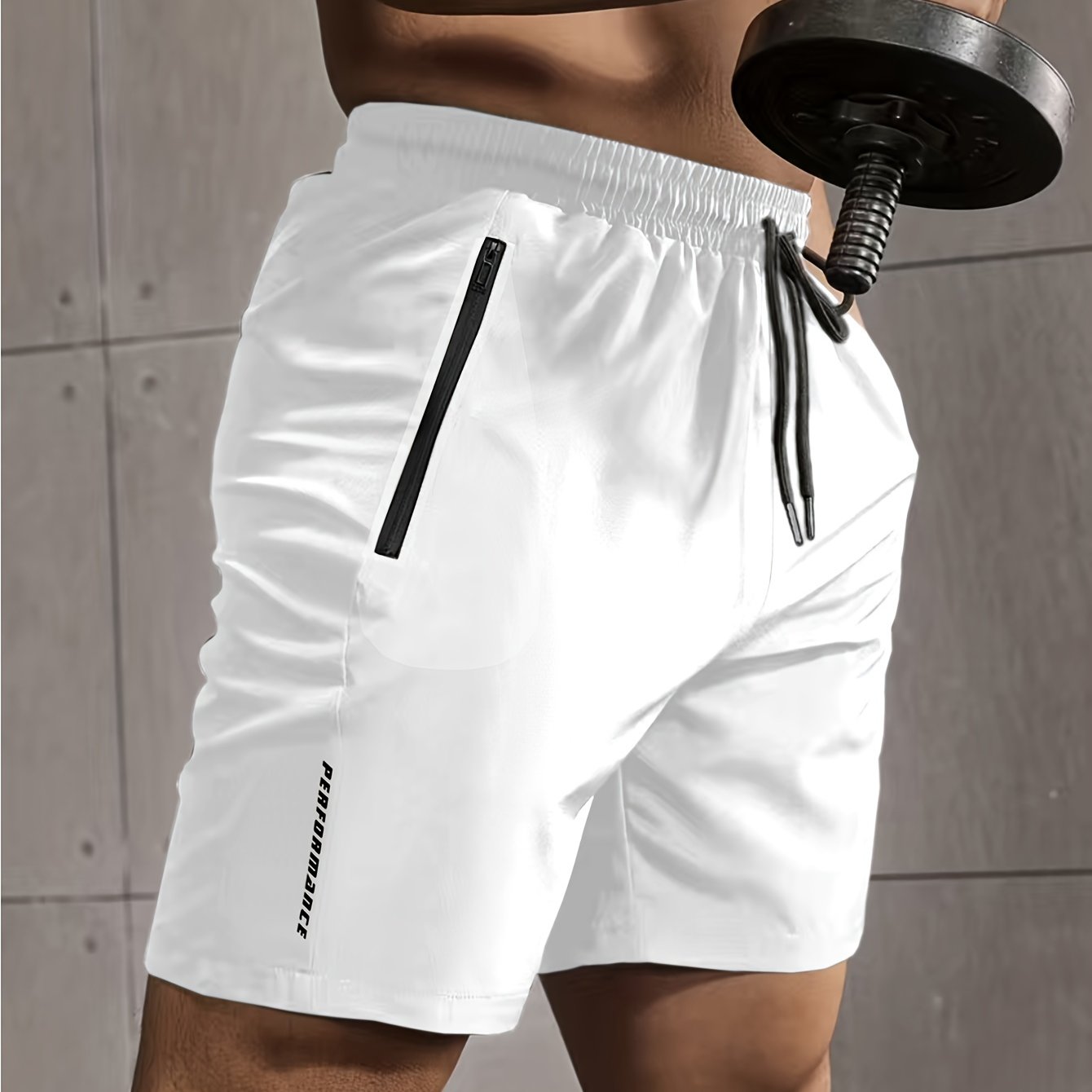 Men's casual style shorts with zip pockets, drawstrings, and performance letter print, ideal for summer outdoor activities.