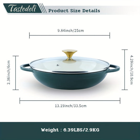 Tastedeli's Enameled Cast Iron Dutch Oven is a round casserole braising pan with lid, holding 2.5 quarts - perfect for versatile cooking such as braising, stewing, and baking.