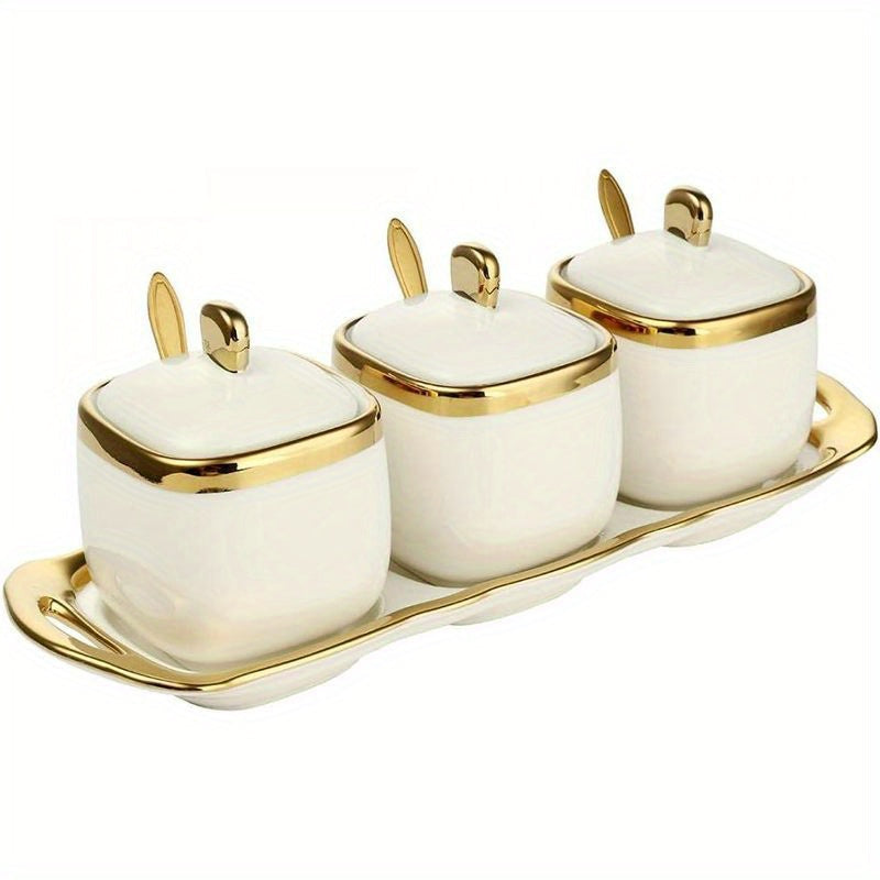 3-Piece Porcelain Condiment Jar Set with Lids - Includes Sugar Bowl, Spice Jar, and Seasoning Box - Perfect for Organizing Your Kitchen Counter