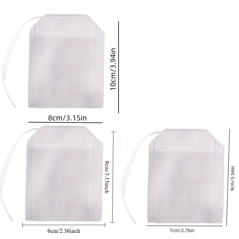 A bundle of 100 tea bags made from nonwoven material, complete with drawstrings, perfect for loose leaf tea, herbs, and spices. Comes in various sizes (6cm x 8cm, 7cm x 9cm, 8cm x 10cm).