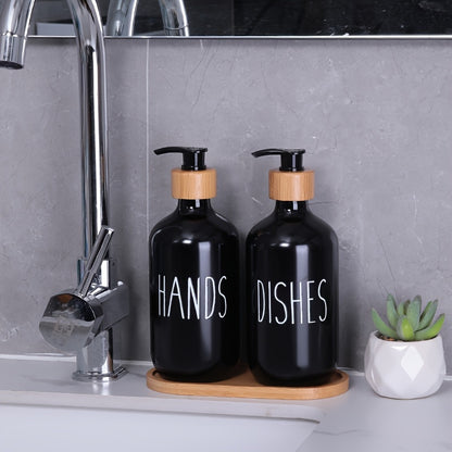 Set of 2 plastic soap dispensers for dish and hand soap, with refillable empty bottles for home decor and bathroom accessories.