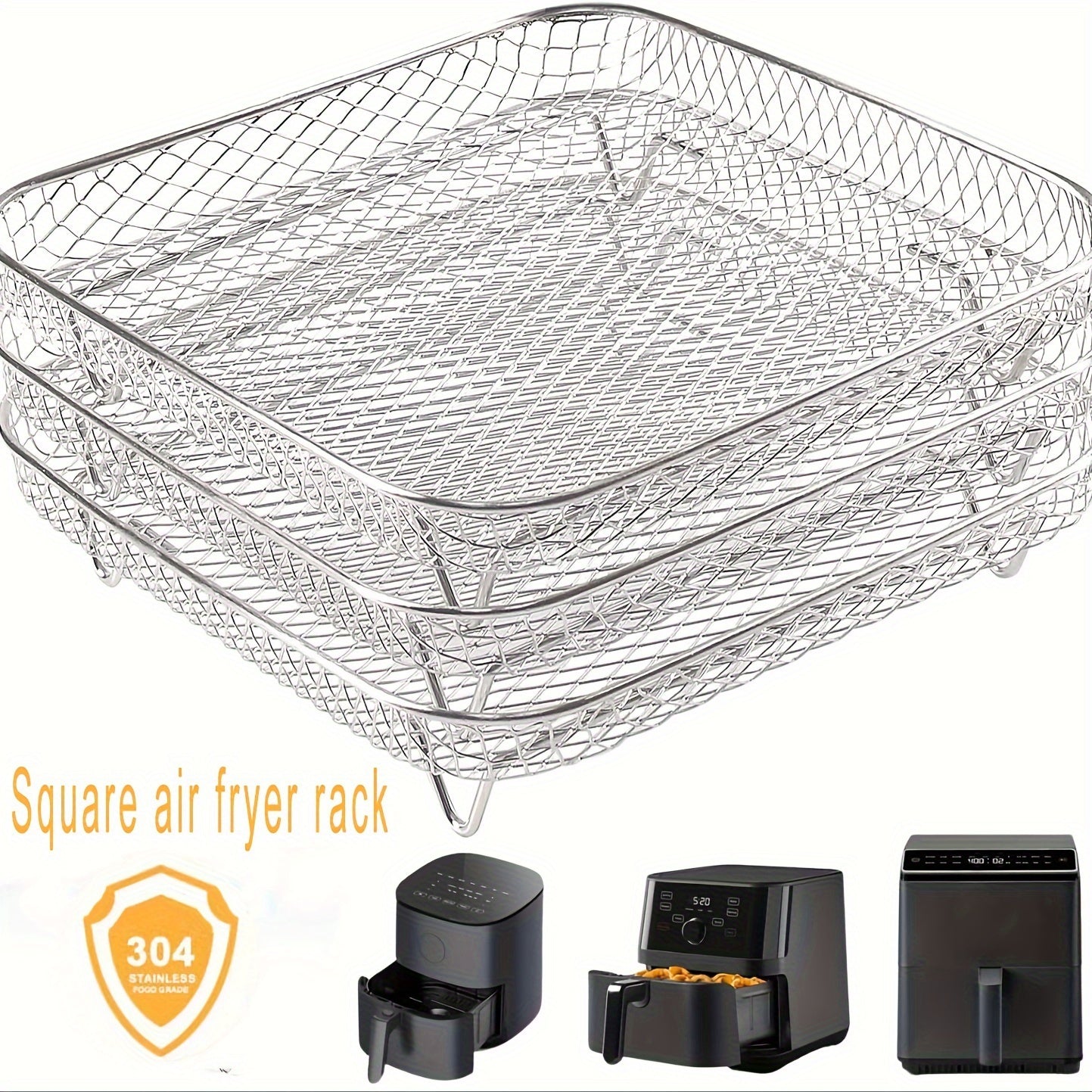 Upgrade your air fryer with these Square Air Fryer Accessories! This set includes three stackable stainless steel dehydrator racks, each measuring 20.32 cm. Perfect for use with popular air fryer models like Cosori, Instant Vortex, Nuwave, and Ninja