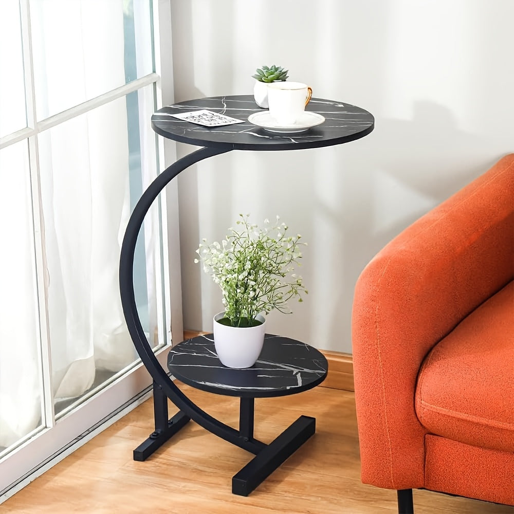 Trendy double-layer coffee table with metal legs and durable wood top, portable for various spaces, multi-functional.