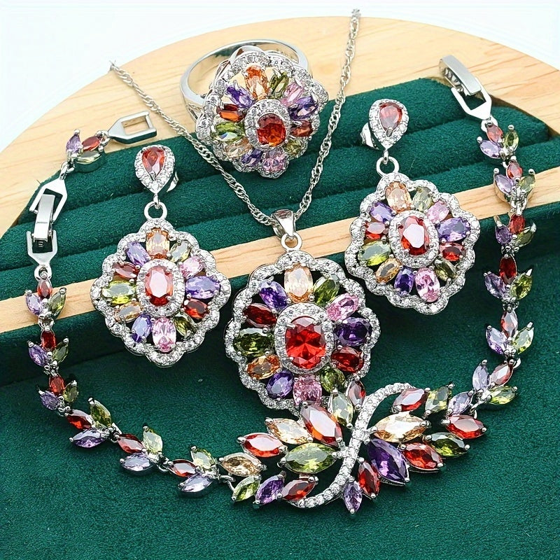 Beautiful 5-piece Bridal Jewelry Set featuring Cubic Zirconia, Adjustable Ring, Earrings, Necklace, and Bracelet - Made with Hypoallergenic White Gold Plated Copper and Colorful Stones - Ideal for Weddings, Valentine's Day, and Mother's Day Gifts.