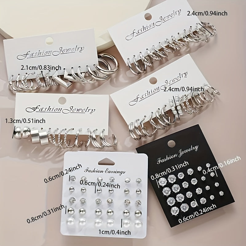 Set of 102 earrings in a minimalist geometric style, featuring studs and hoops. These versatile fashion ear accessories are perfect for holidays, dates, and everyday wear. (Box not included)