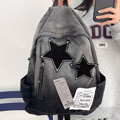 Punk Goth Denim Backpack with Star Patch, Zip Closure, Multiple Compartments, Large Capacity for Students & Everyday Use