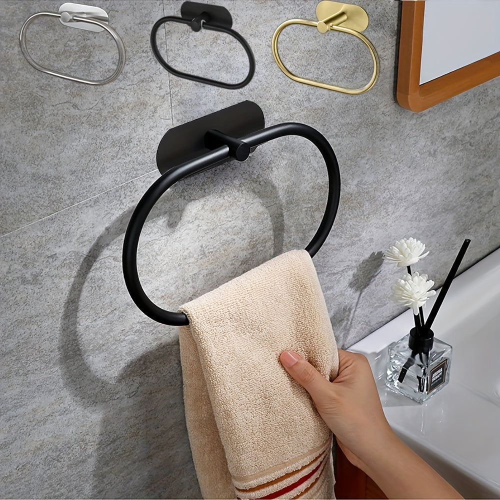 Self-adhesive stainless steel bathroom accessories for towel and dishcloth storage.