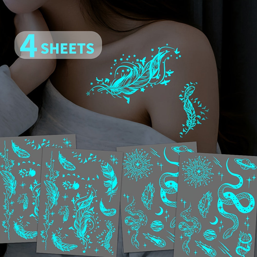 Blue luminous feather and snake tattoo stickers for women and girls, featuring white design. Fake bracelet, necklace, and face, chest, arm, hand, and finger tattoos that glow in the dark.