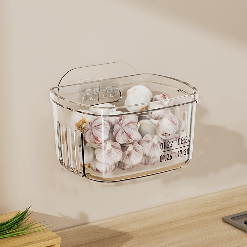 Transparent kitchen storage basket - 1 piece. Wall-mounted organizer for small items, no-drill installation. Made of plastic with open storage rack design.