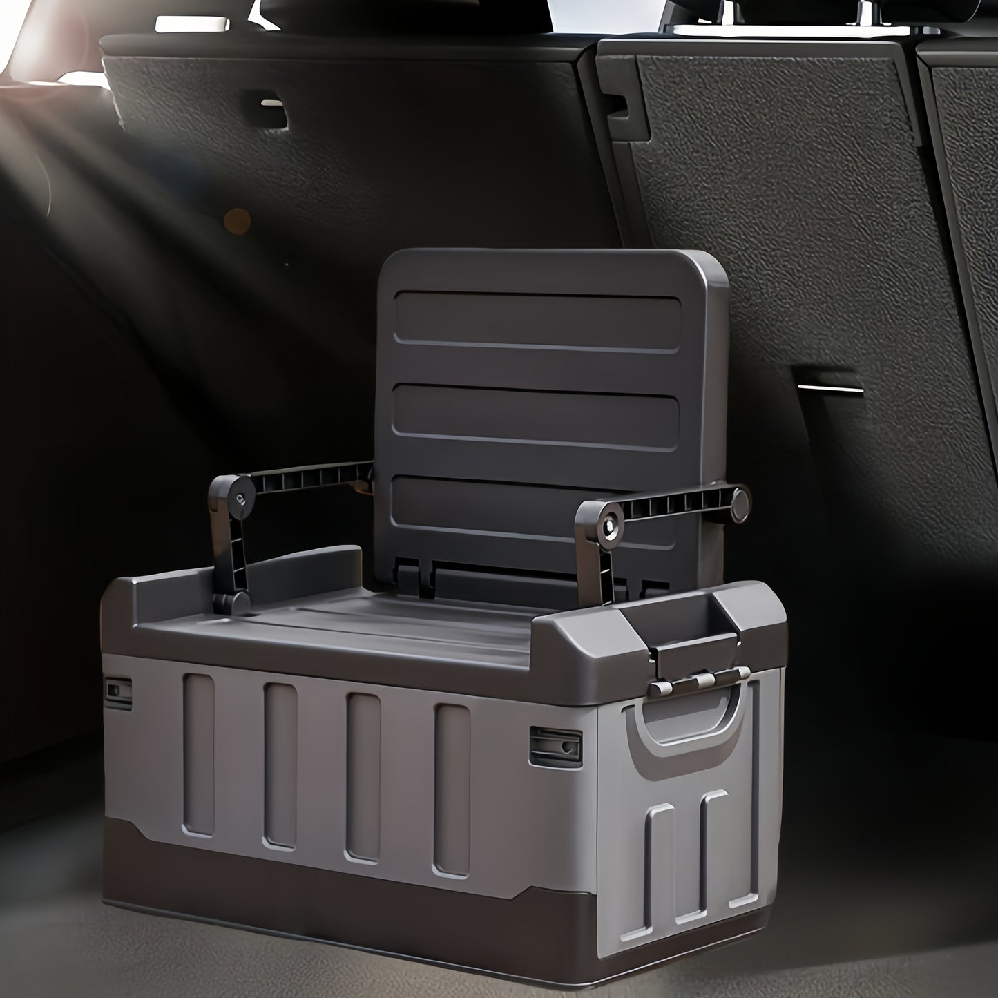 Foldable car storage box with large capacity for clothing, toys, and camping essentials, suitable for various vehicle models and outdoor use. Can also be used as a fishing box for car