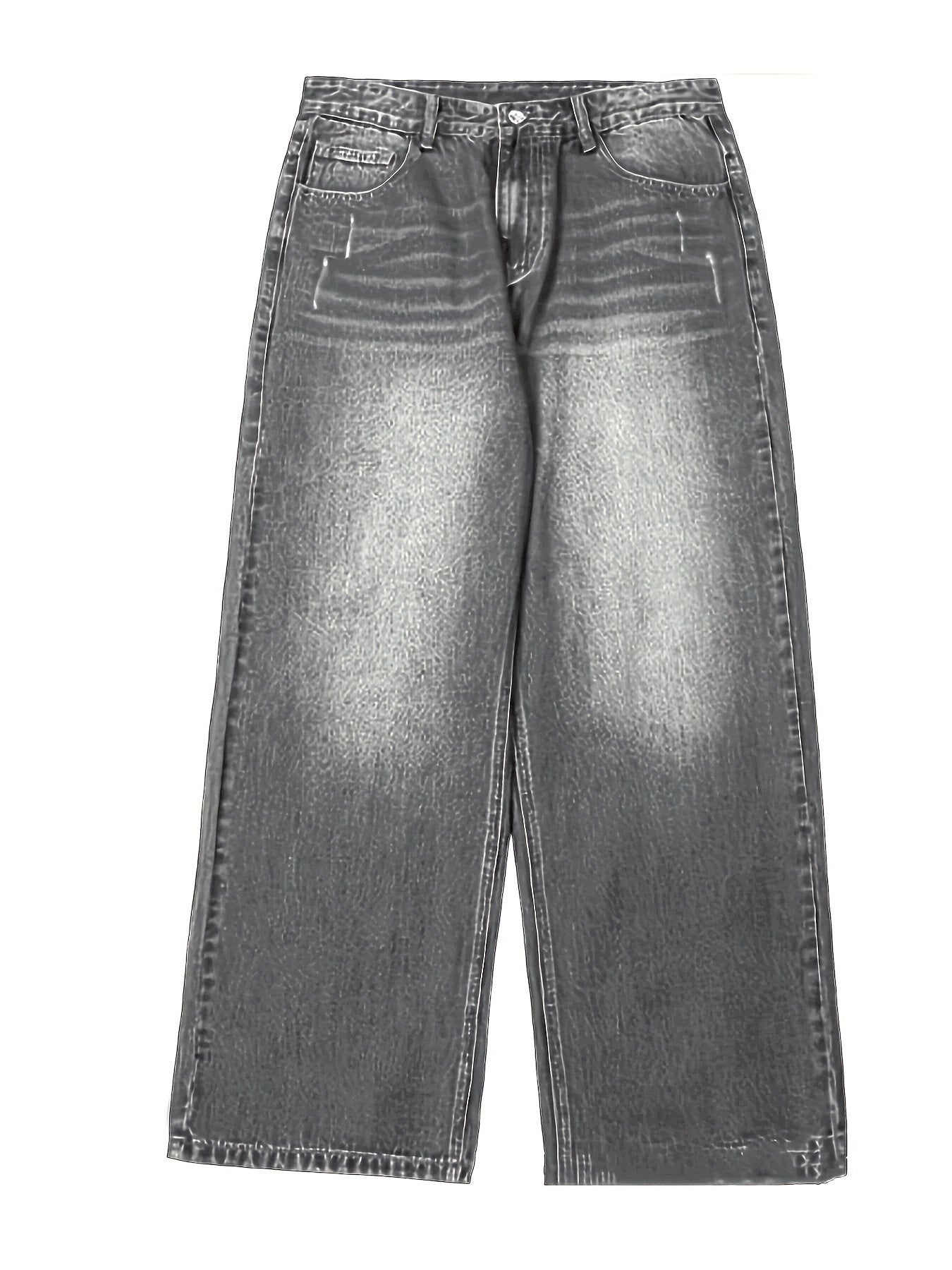 Men's extra long loose-fit denim jeans with a geometric-patterned cotton blend, non-stretch fabric, zipper fly closure, and washed finish for street style that is versatile in all seasons.