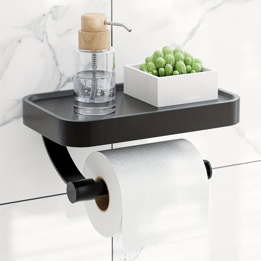 Wall-mounted toilet paper holder with phone shelf made of rustproof stainless steel in black color. Perfect for bathroom and washroom.