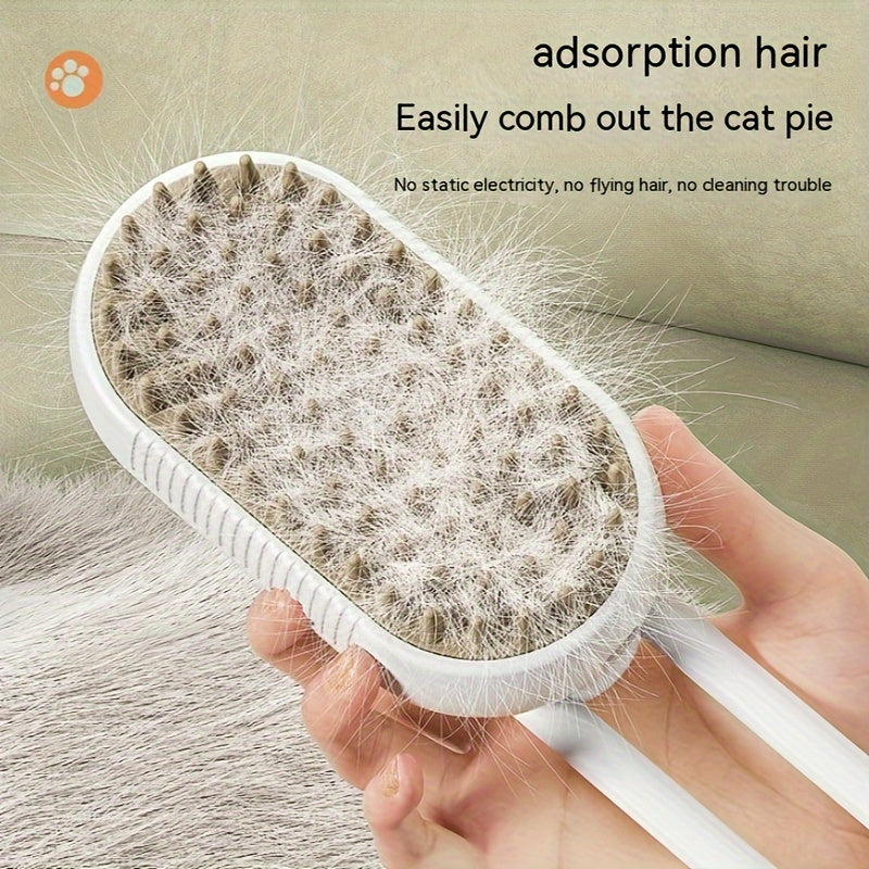 Pet grooming spray comb for cats that is easy to clean and removes loose fur without the need for a bath. Features massage and steam brush.