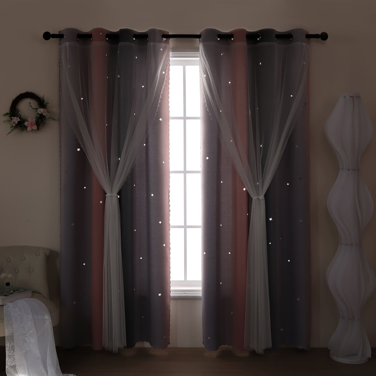 Stylish Sheer Curtain with Gray Gradient Star Pattern - Grommet Top, Easy to Clean for Living Room & Bedroom Décor