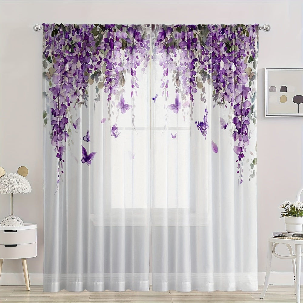 Set of 2 Beautiful Wisteria Floral Print Sheer Curtains - High Definition Digital Design, Luxurious Polyester Microfiber Material, Convenient Rod Pocket Style for Living Room & Bedroom, Simple to Hang and Machine Washable