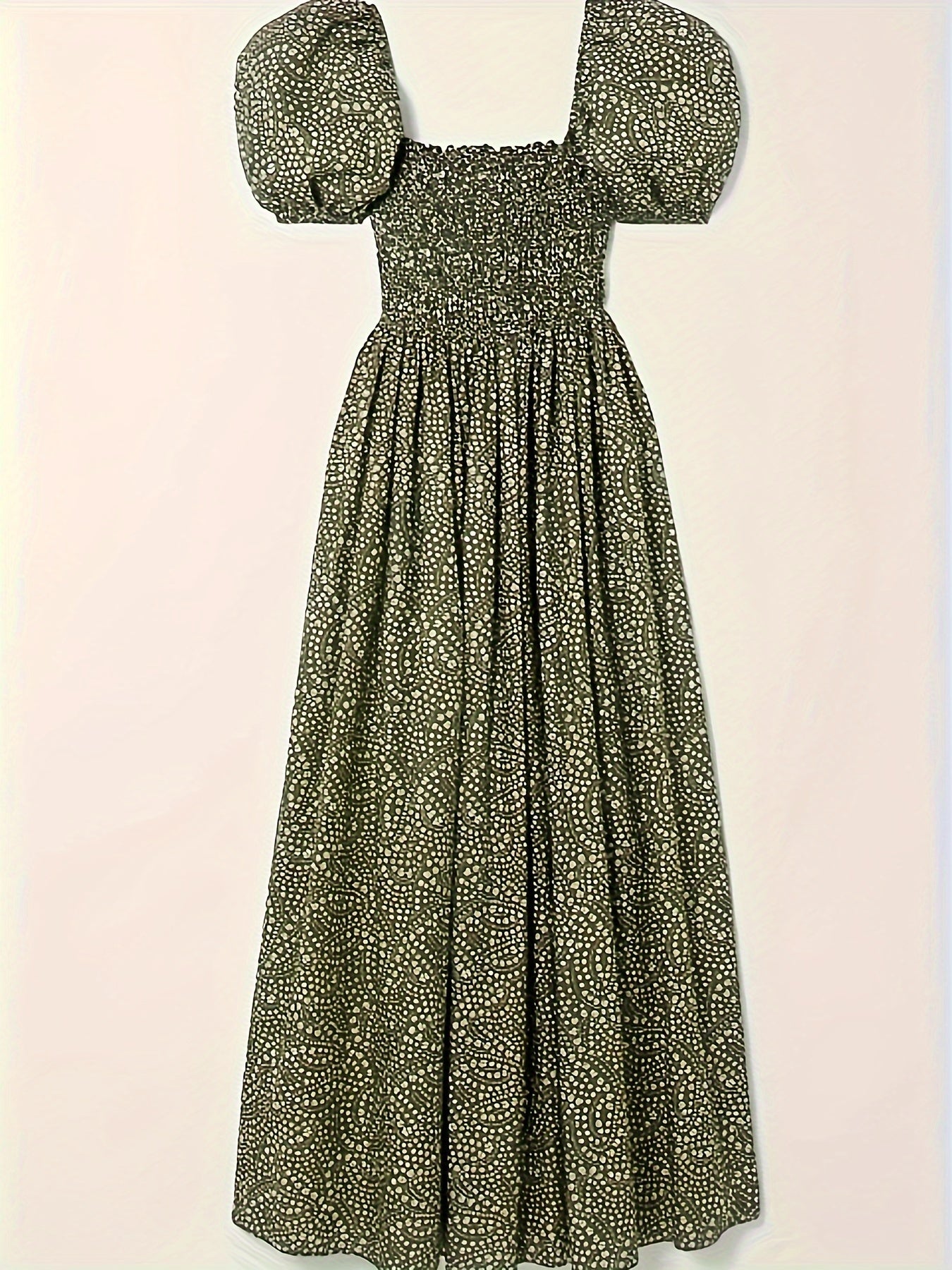 Plus size dress with parallel pleats and floral print, organic green, mid-long length.