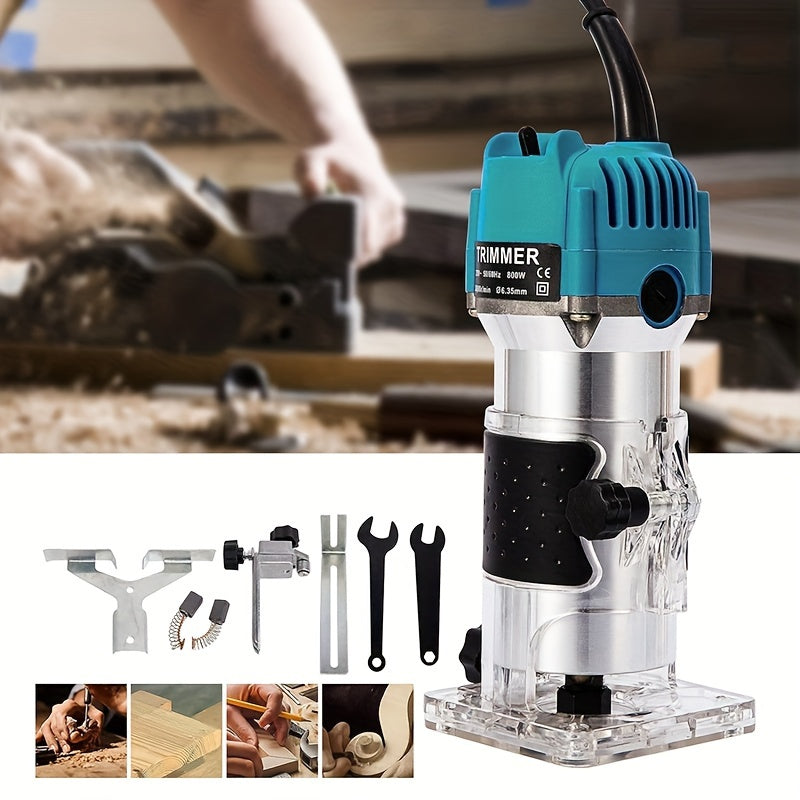 Electric woodworking router with slotting function, DIY wood engraving tool, edge trimming, laminate milling & carving, includes router bits, European standard plug, 220-240V power supply