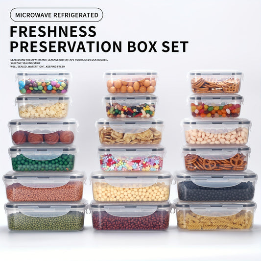 A set of 18 plastic storage containers designed for the refrigerator, featuring microwave-safe lunch boxes and containers for storing vegetables and fruits.