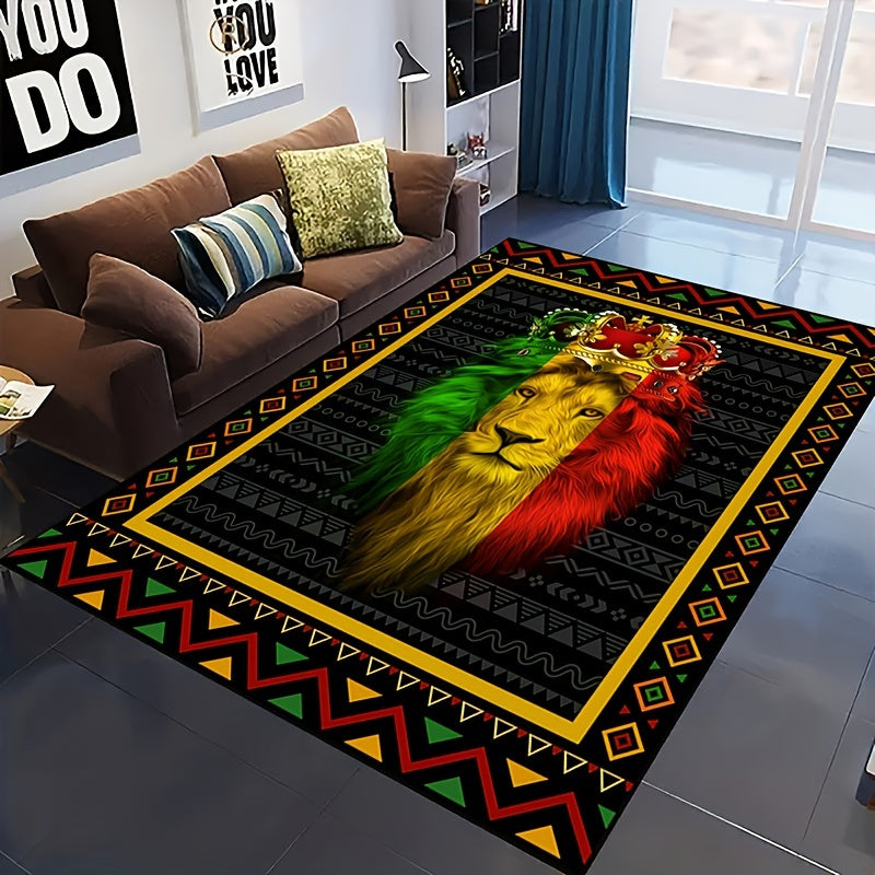 Soft, non-slip, and washable polyester mat with a modern African design featuring a vibrant 3D Lion King print. Perfect for adding a touch of personality to your living room, bedroom, kitchen, or home office decor.  Suitable for use as a rug in your