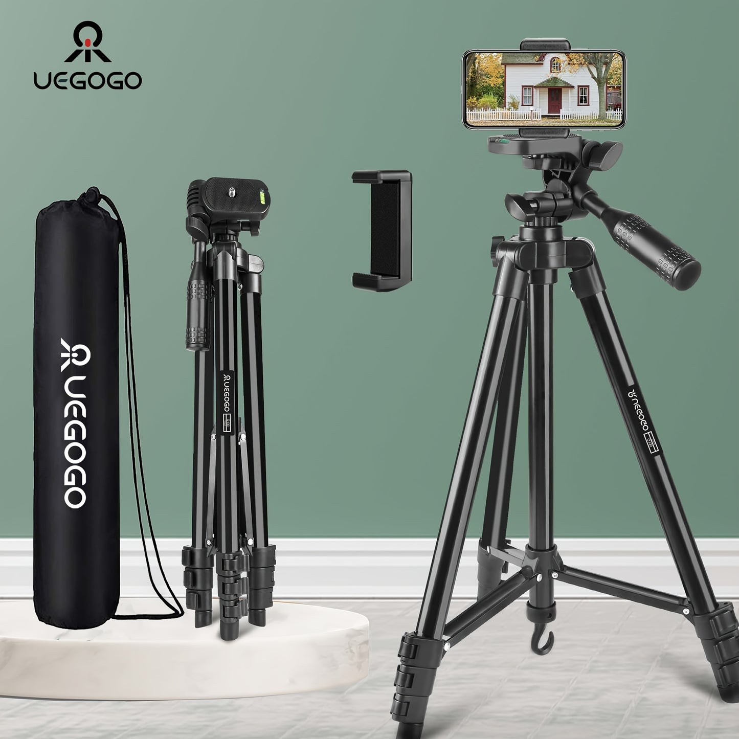 UEGOGO Aluminum Tripod with Gimbal Head, lightweight at 129.54cm, perfect for selfies, video recording, vlogging, and live streaming. Includes carry bag and phone clip, no batteries