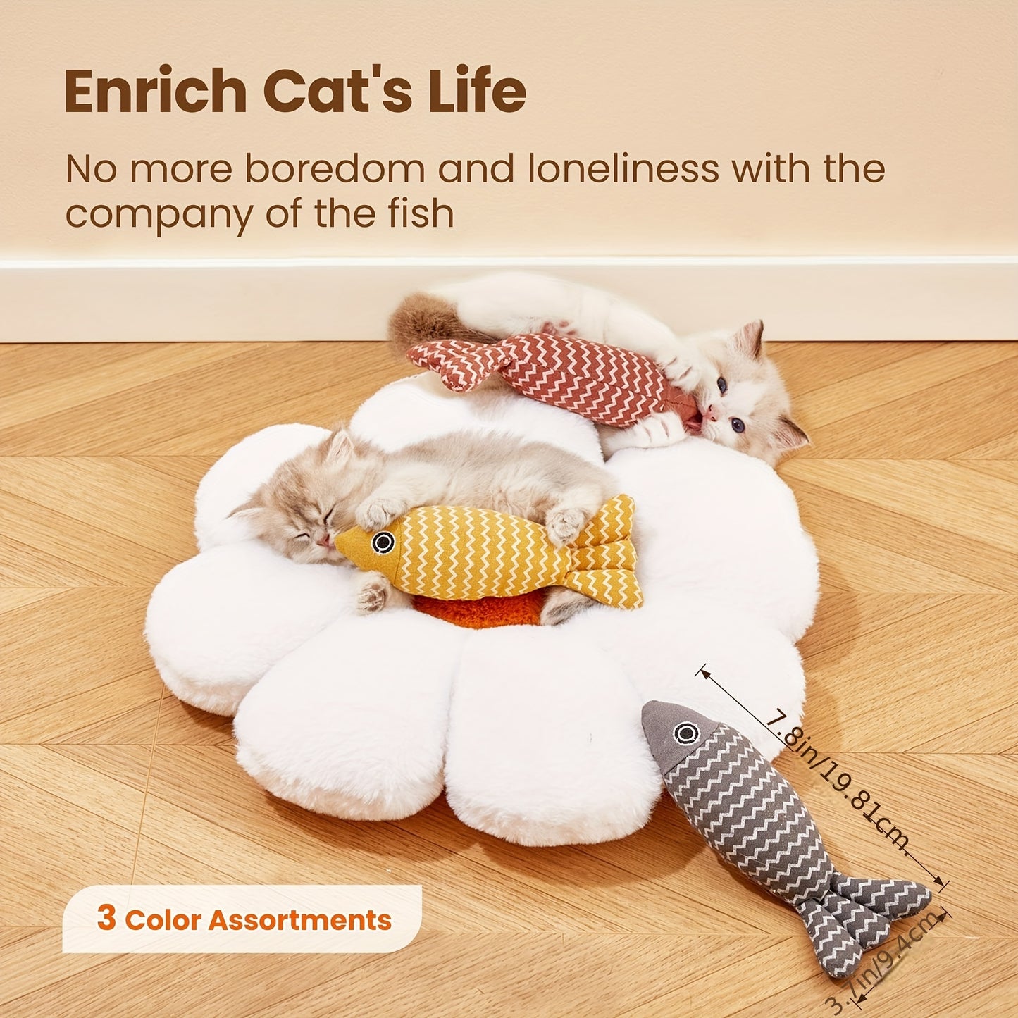 Durable linen fish-shaped cat toy designed for interactive play with sound.