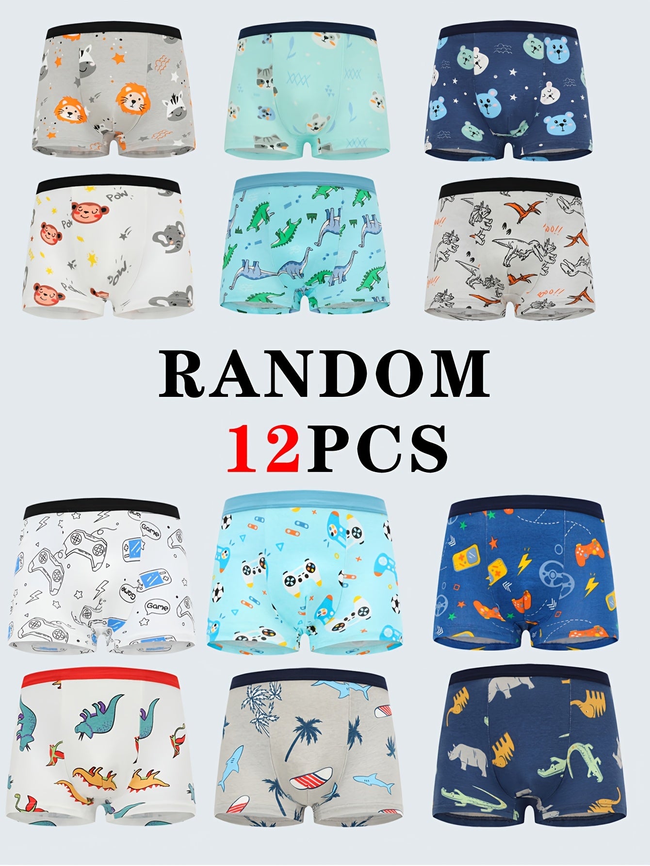 Pack of 12 boys' pure cotton boxer underwear with cute cartoon car pattern and dinosaur print. Comfortable, breathable, and soft.