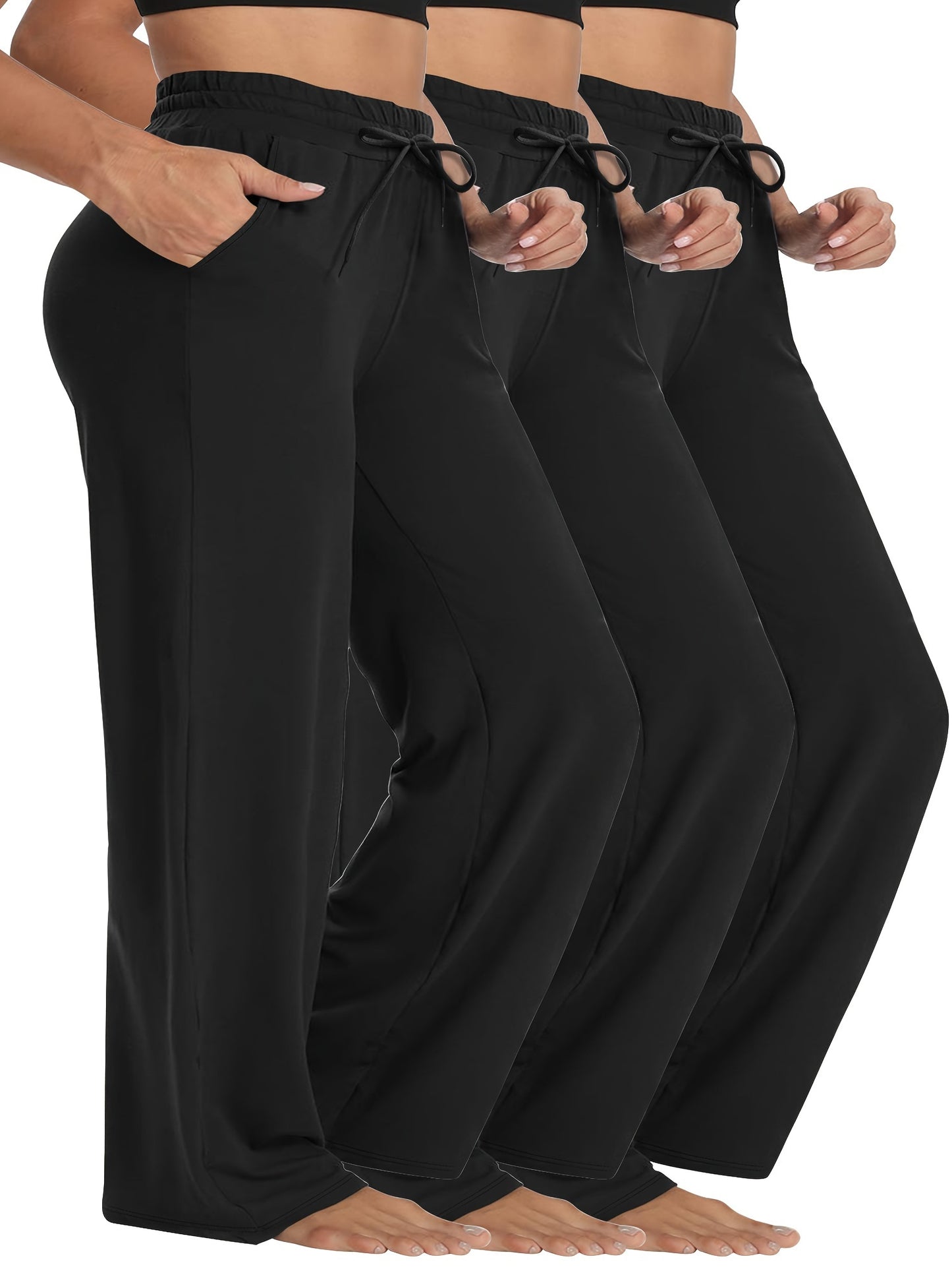 3-Pack of plus size high waist wide leg pants with drawstring and pockets. Made with high stretch knit fabric (88% polyester, 12% elastane) in a solid color, long length suitable for all