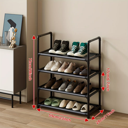 Free-standing shoe rack with multiple layers for easy storage of shoes in bedroom, hallway, bathroom, office, or any room in the house. Ideal for organizing and storing shoes and other household items.