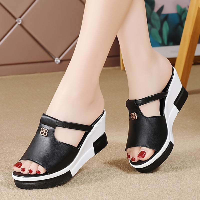 Women's Contrast Color Wedge Sandals with Cut-out Peep Toe and Slip On Platform for Casual Summer.