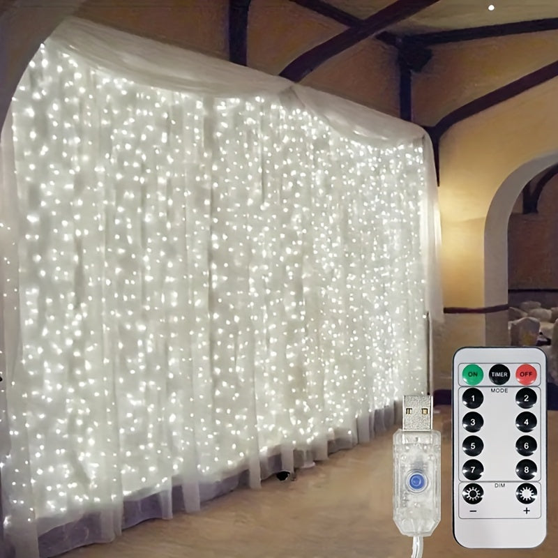 USB-powered LED curtain lights with remote control - ideal for festive occasions like Christmas, weddings, birthdays, and holiday decorations.