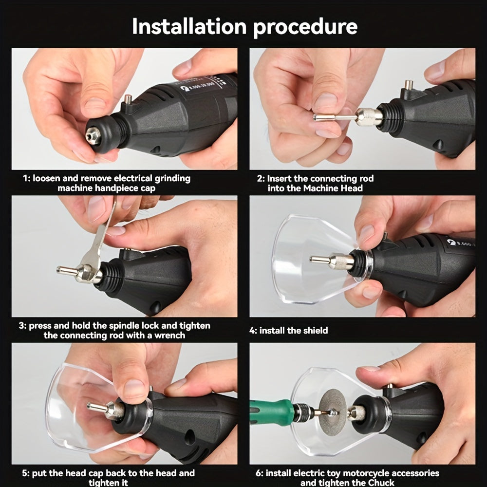 Rotary tool kit with 5 speed adjustments and 218 accessories for various projects.