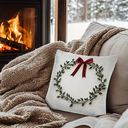 Embroidered Mistletoe Wreath Pillow Cover, made of 100% Polyester. Features Square Zippered Cushion Case, Double-Sided Short Plush. Machine Washable. Perfect for Christmas & Easter Decor. Suitable for age 14 and up. Pillow not included.