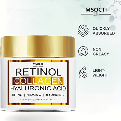 1.7 FL.OZ (50ML) Retinol Collagen Firming Cream with Hyaluronic Acid, Aloe, Green Tea, Vitamin E, and Jojoba Oil for Hydrated, Smoother, Lifted Skin.